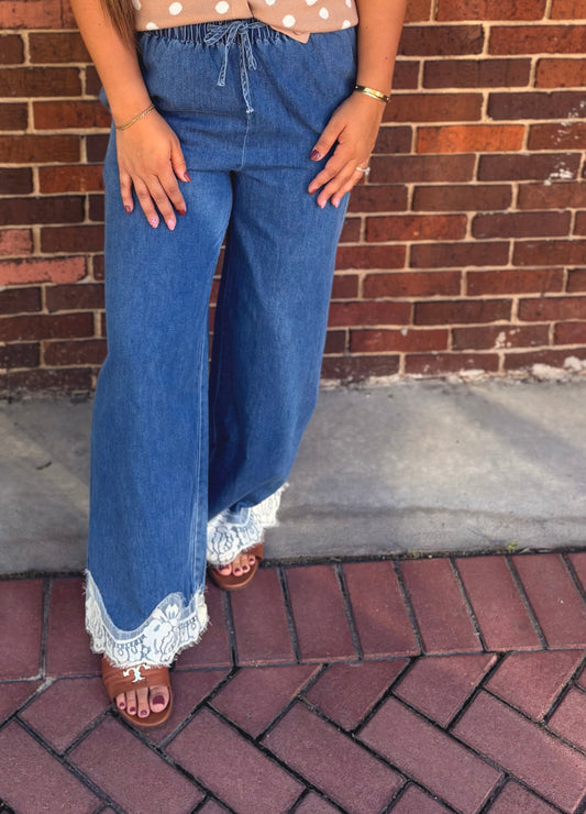Lace Trim Wide Leg Mid Rise Denim Pants