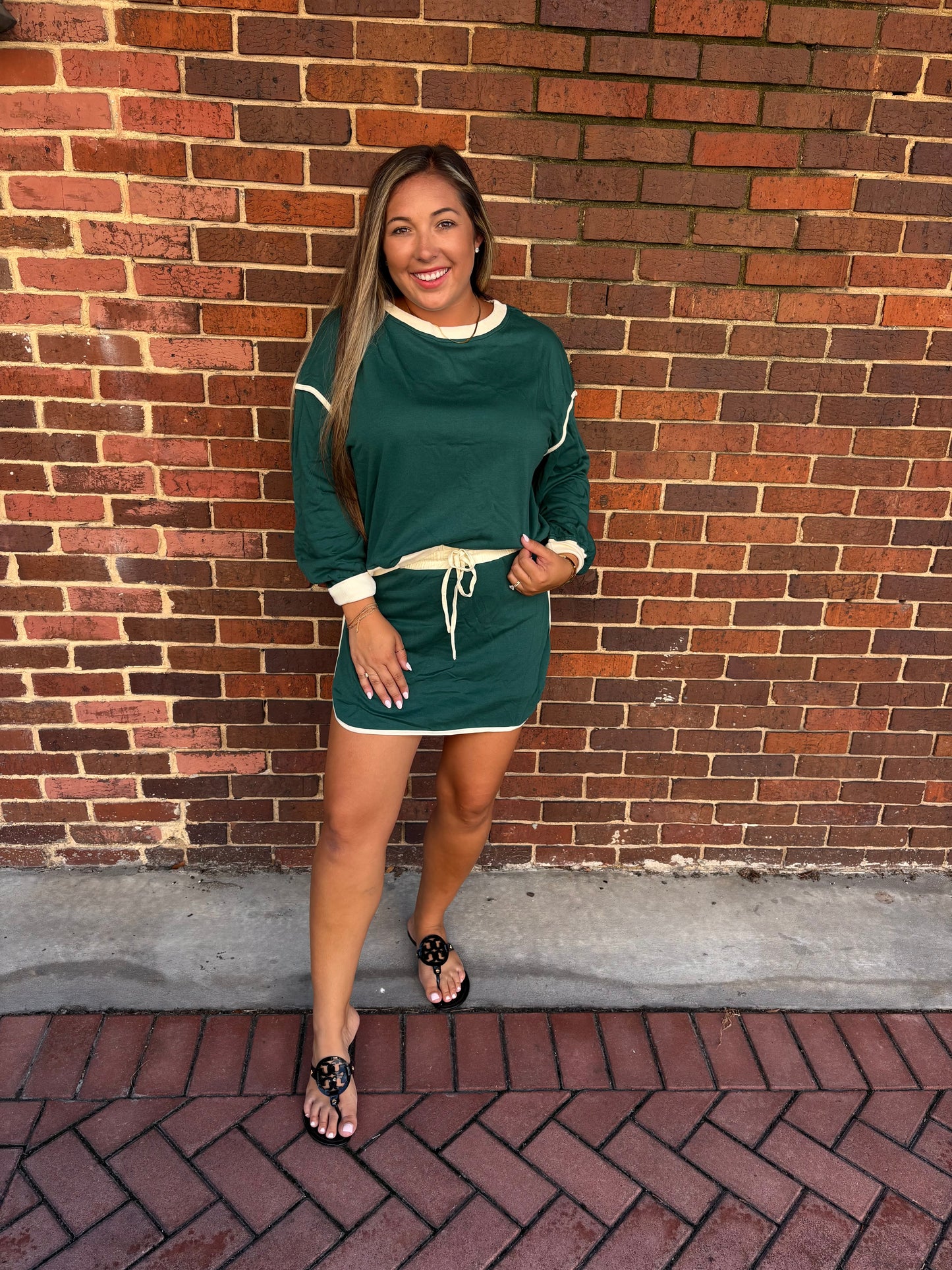 Green & Cream Long Sleeve Top & Skort Set