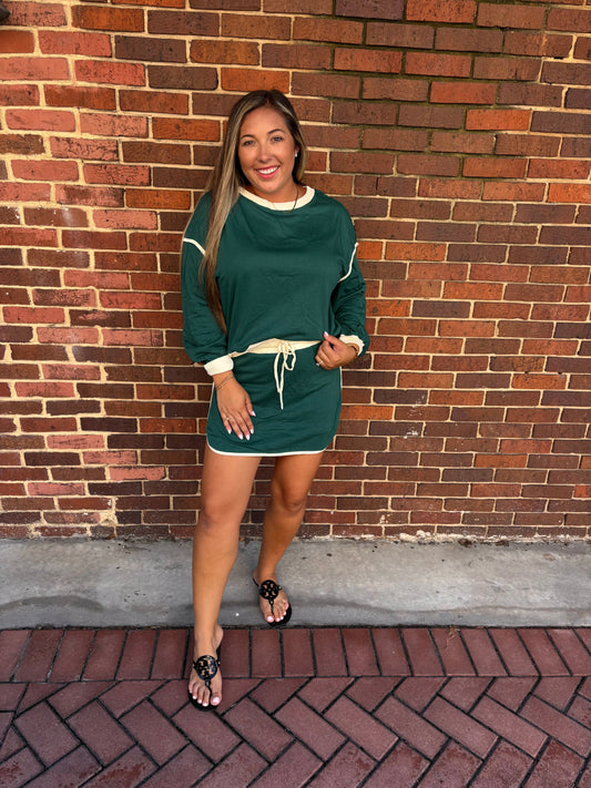 Green & Cream Long Sleeve Top & Skort Set