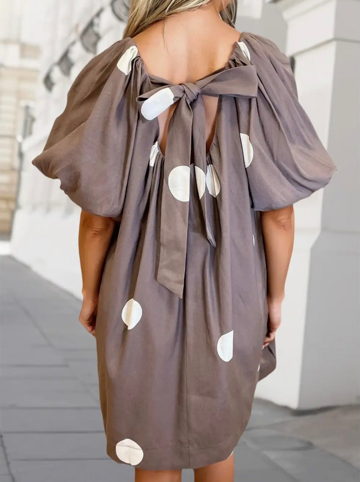 Polka Dot Knot Short Puff Sleeve Dress