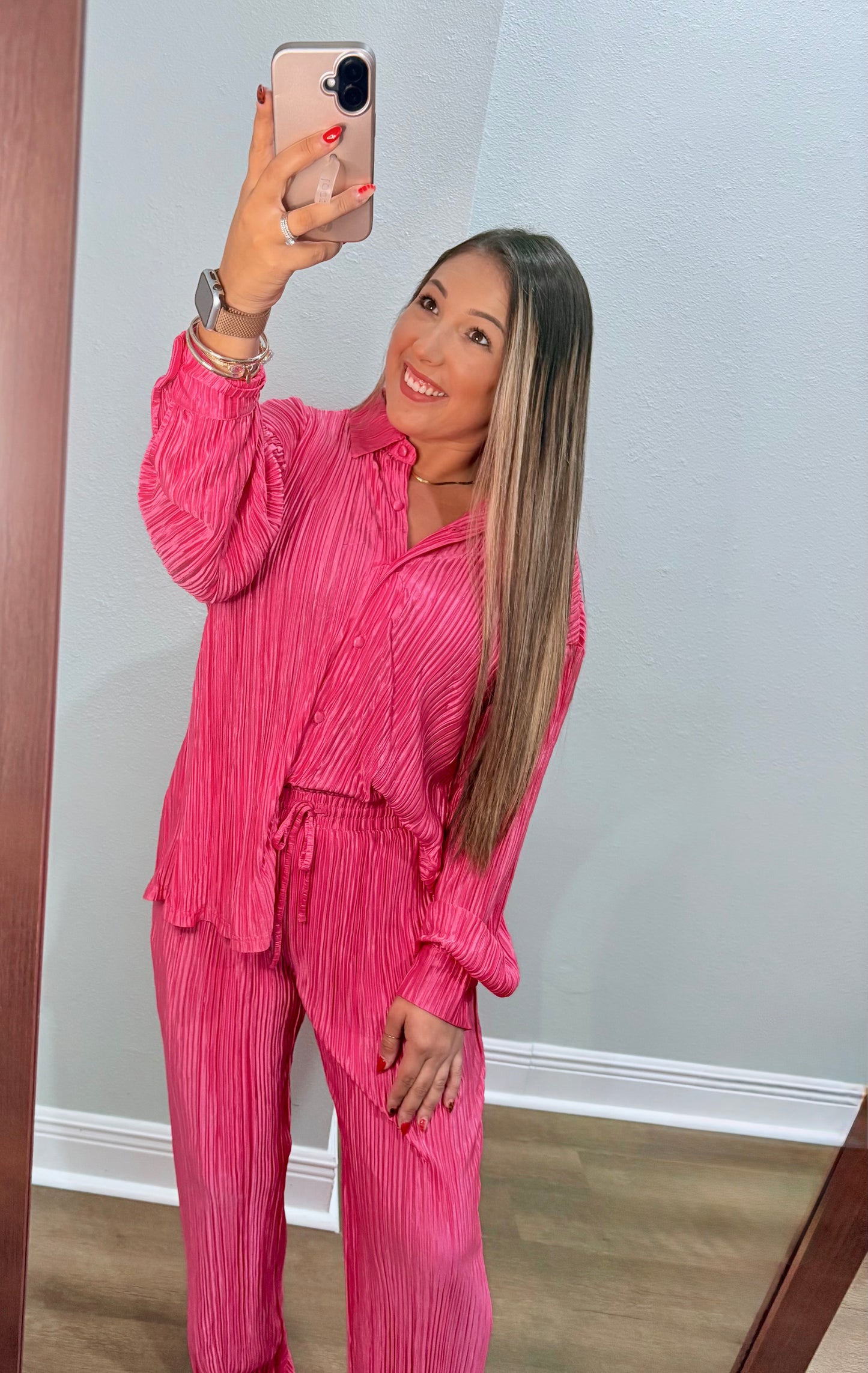 Pink Pleated Long Sleeve Shirt & pants Set