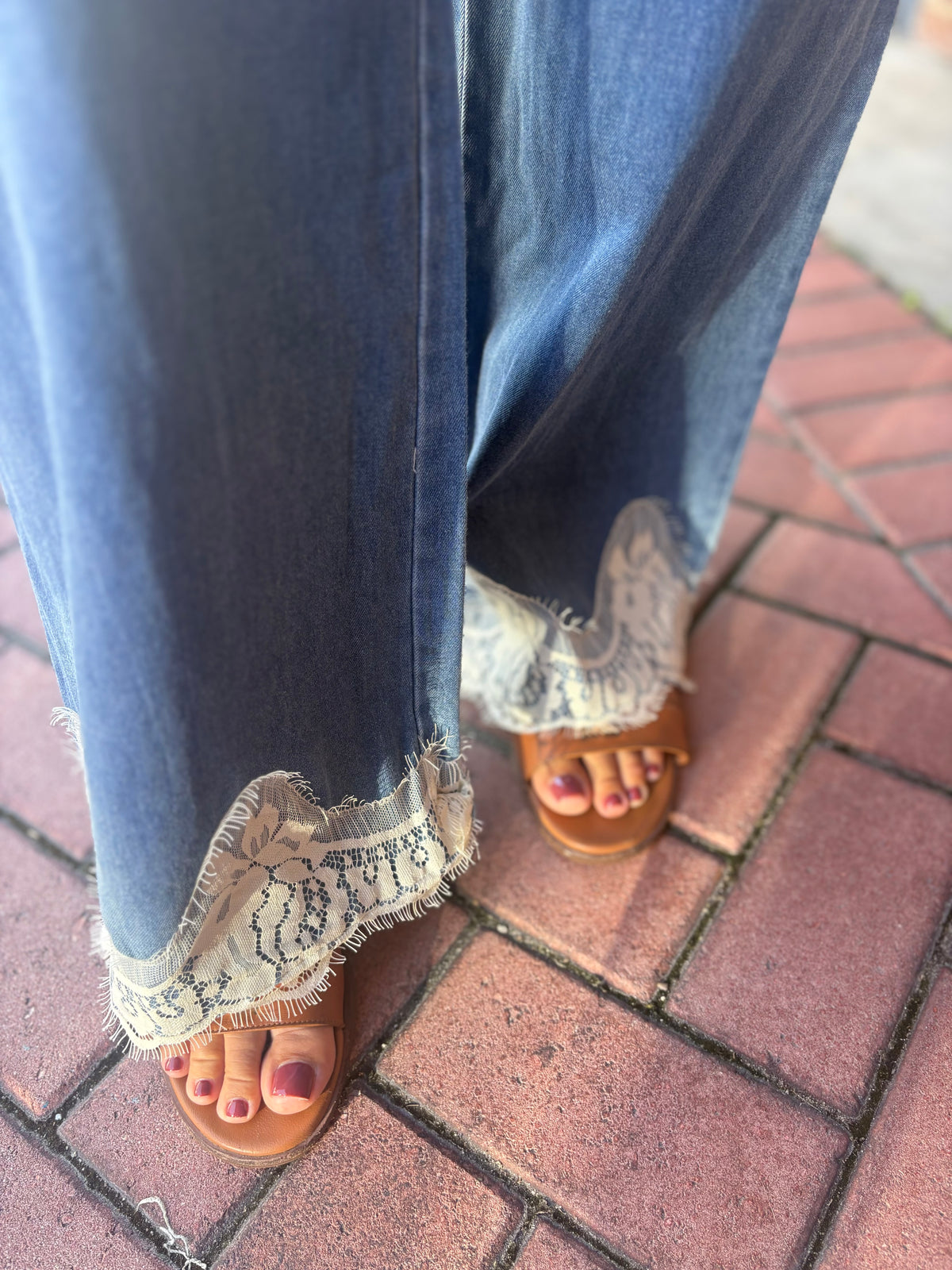 Lace Trim Wide Leg Mid Rise Denim Pants