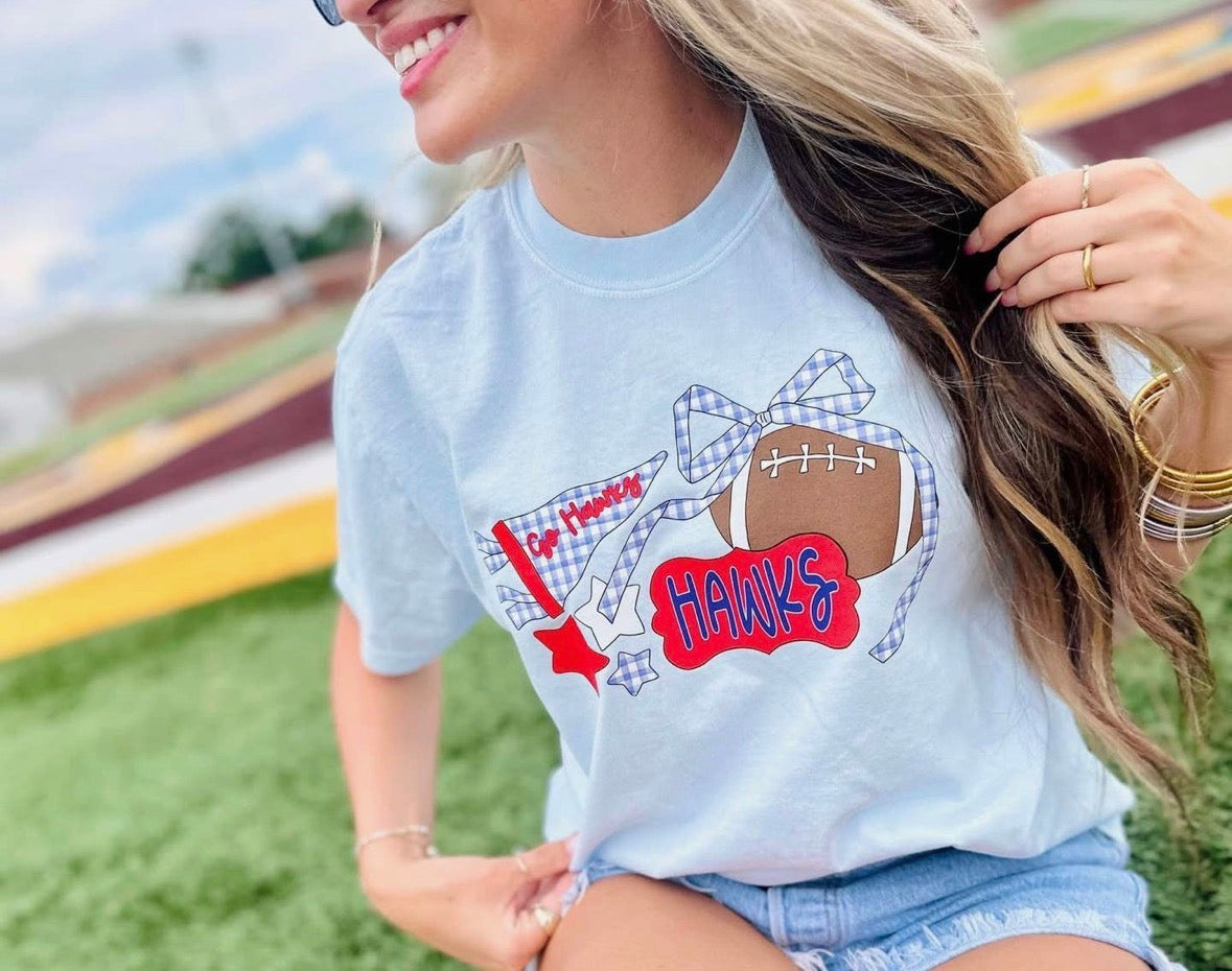 Pre-order Gingham Bow Football Collage Graphic Tee - Please enter custom wording and color for your design in the box below.
