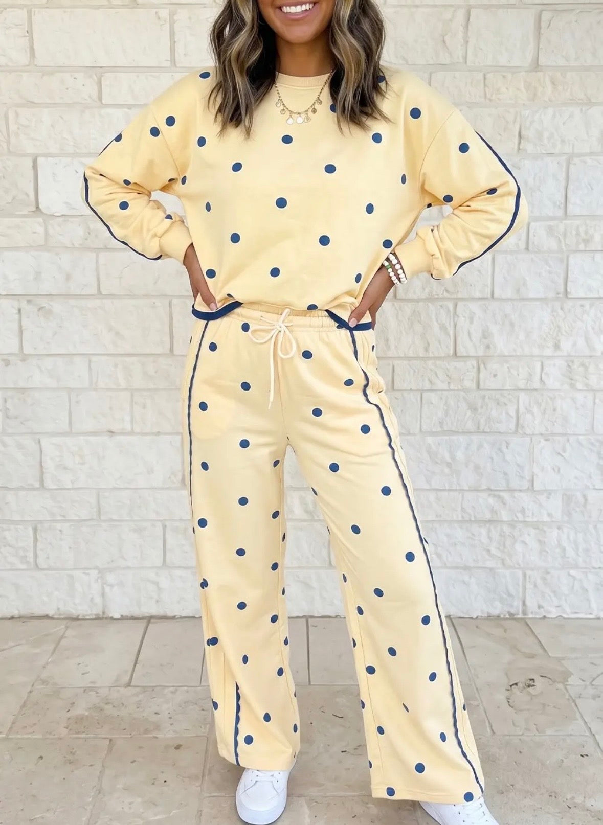 Long Sleeve Polka Dot Two Piece Set - Blue Lace outline