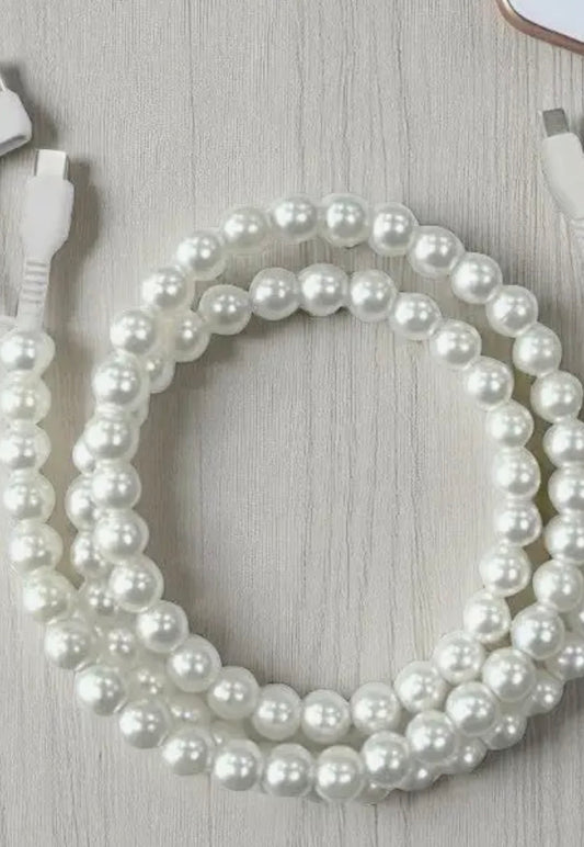White Pearl Cord Phone Charger - IPhone & Type C along with USB