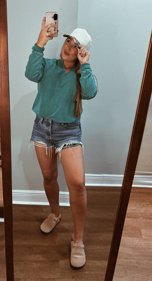 Teal Solid Color Long Sleeve Sweatshirt