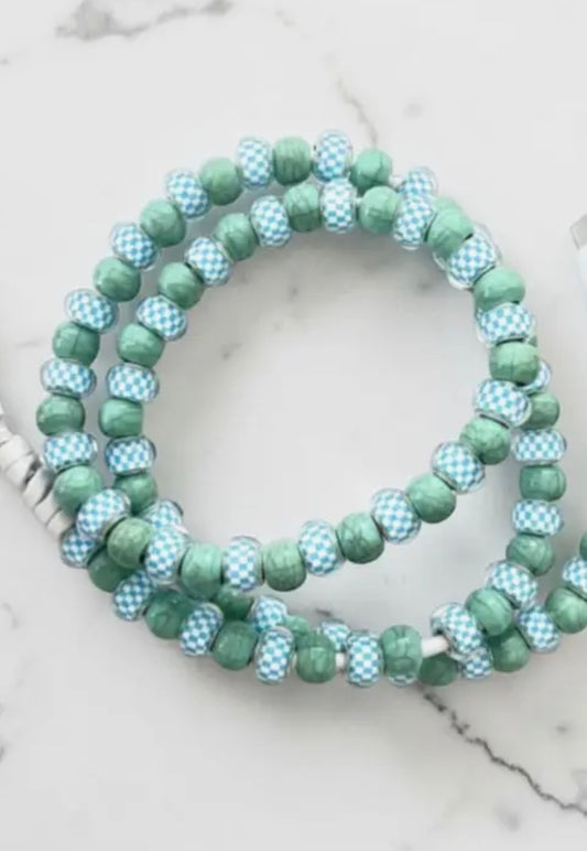 Blue Gingham & Green Beaded Cord Charger - IPhone & Type C with USB.