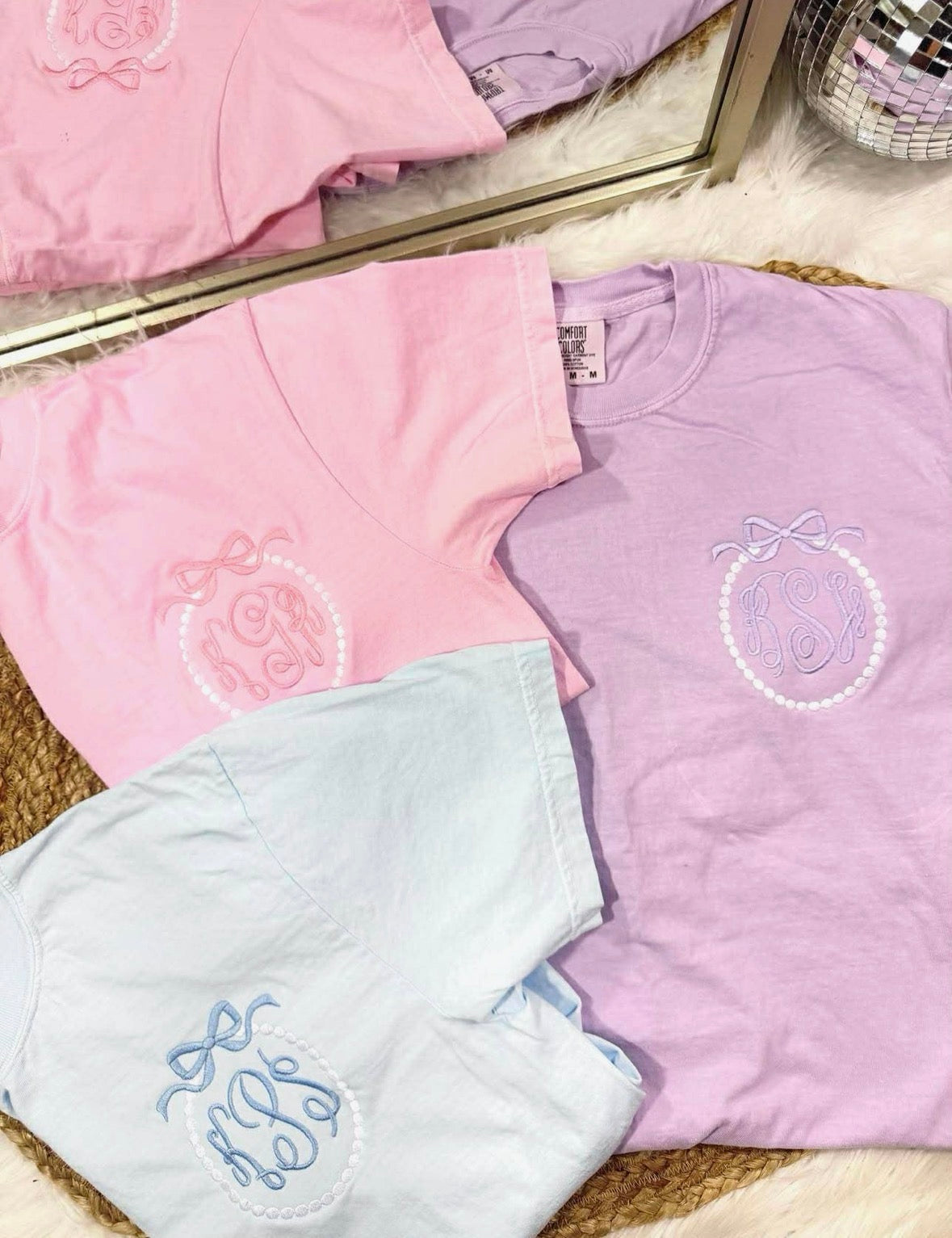 PRE-ORDER Pearl Frame Pocket Initial Tee Embroidery - Enter initials in box below, First, Last, and middle initial.