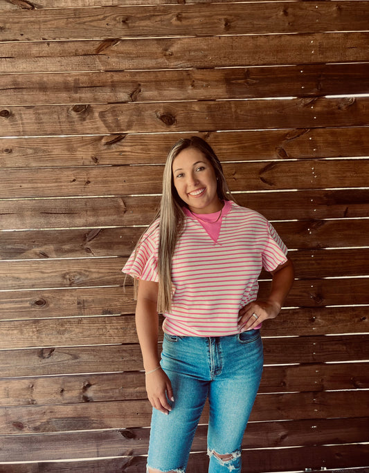 Sachet pink contrast detail striped ruffle short sleeve top