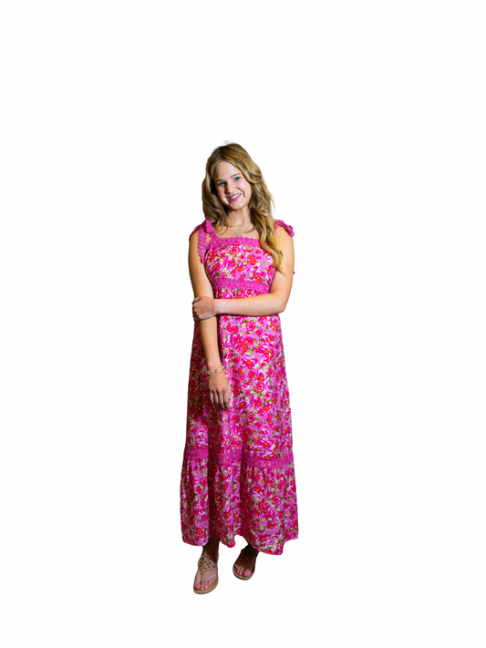 Pink Lace Tied Strap Maxi Dress