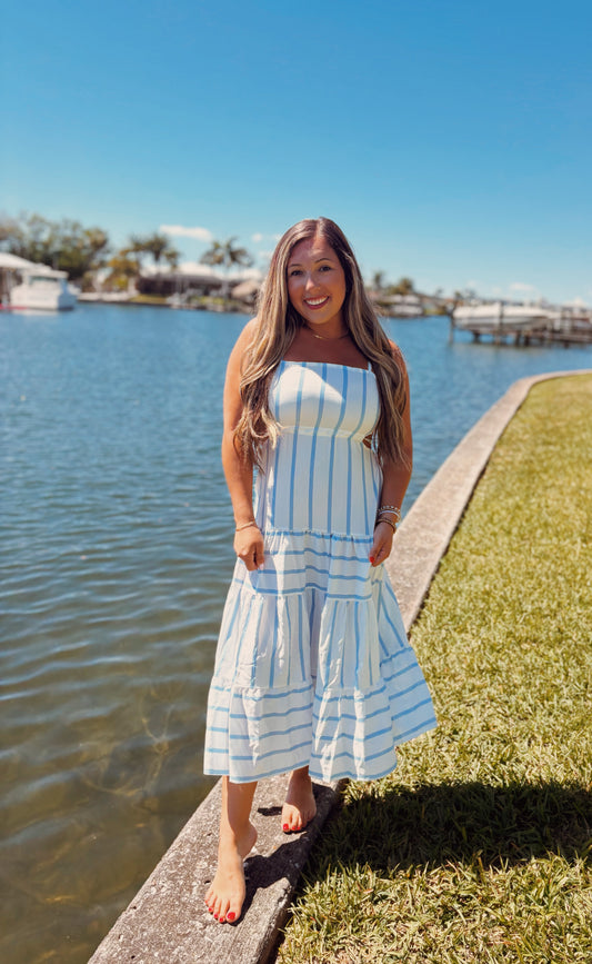 Light Blue Stripe Backless Sun Dress - Adjustable Straps