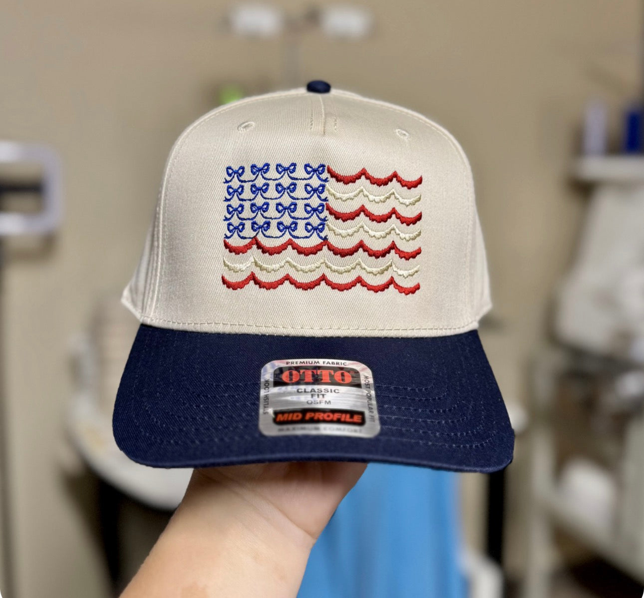 PRE ORDER- RWB scallop, embroidered hat blue
