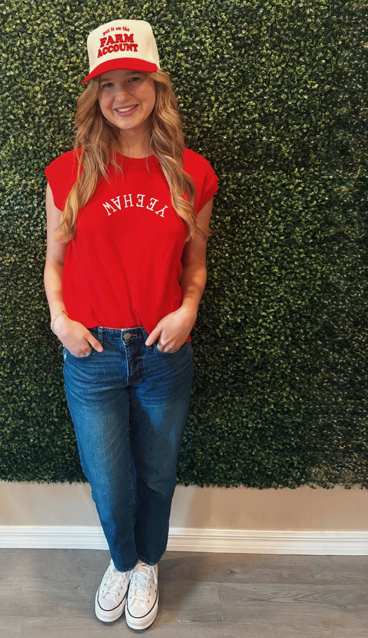 Fiery Red YEEHAW Embroidered Short Sleeve Top