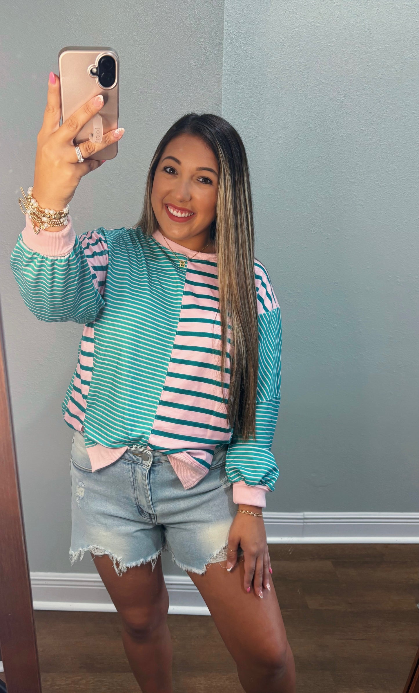 Green stripe mix pattern color block sweater