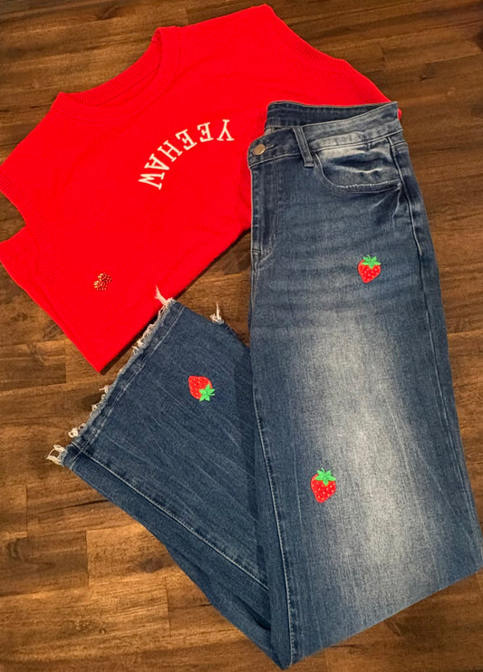 Embroidered Strawberry Jeans