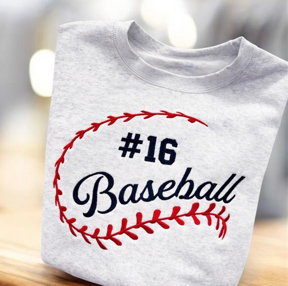 Custom Baseball Embroidered Crewneck Sweatshirt - In the box below add the child's number. You can keep "Baseball" or add the child's name, mom, sister, etc.