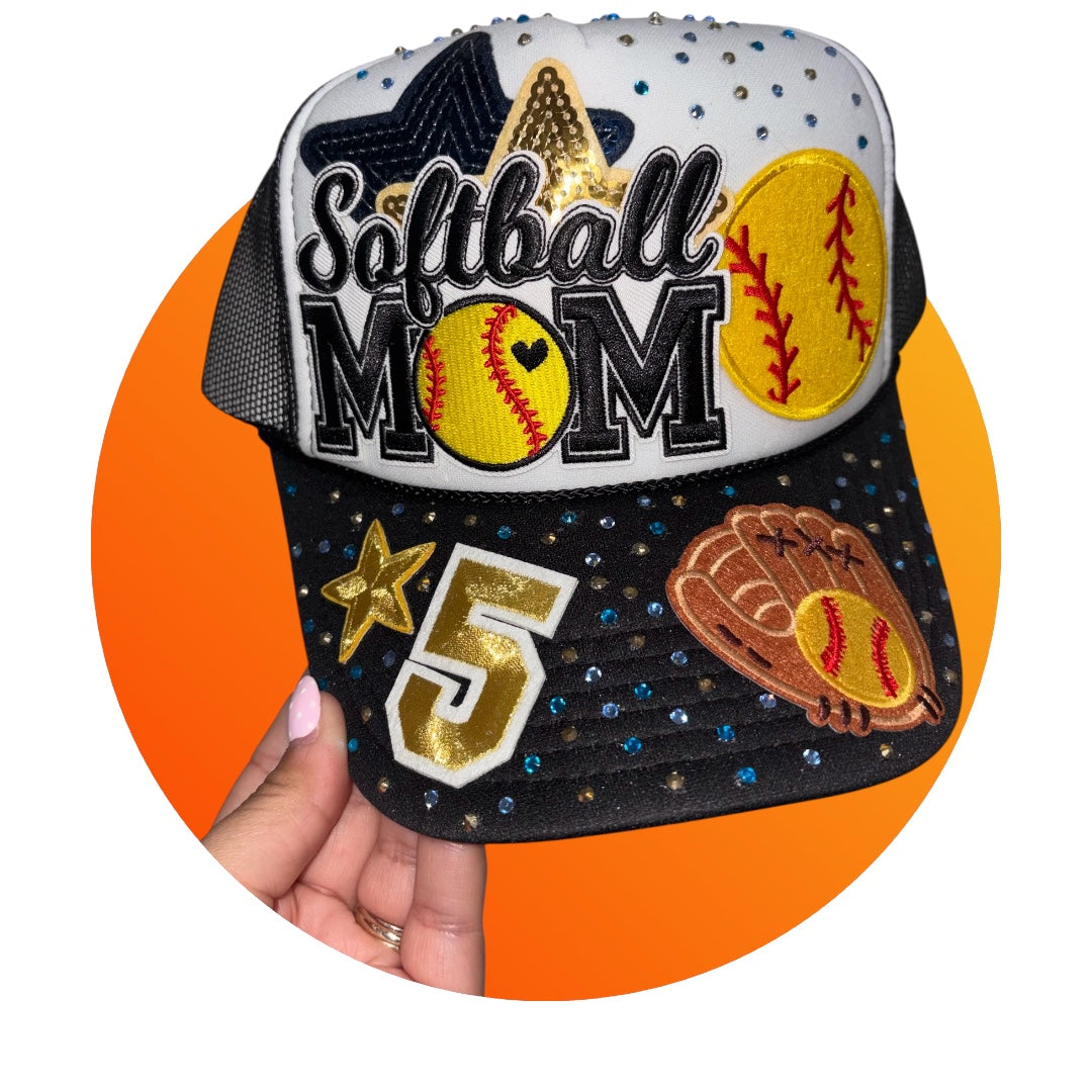 Custom Softball Hat - Please include color of rhinestones & stars in the text box. Also include if you want a trucker hat or baseball cap.